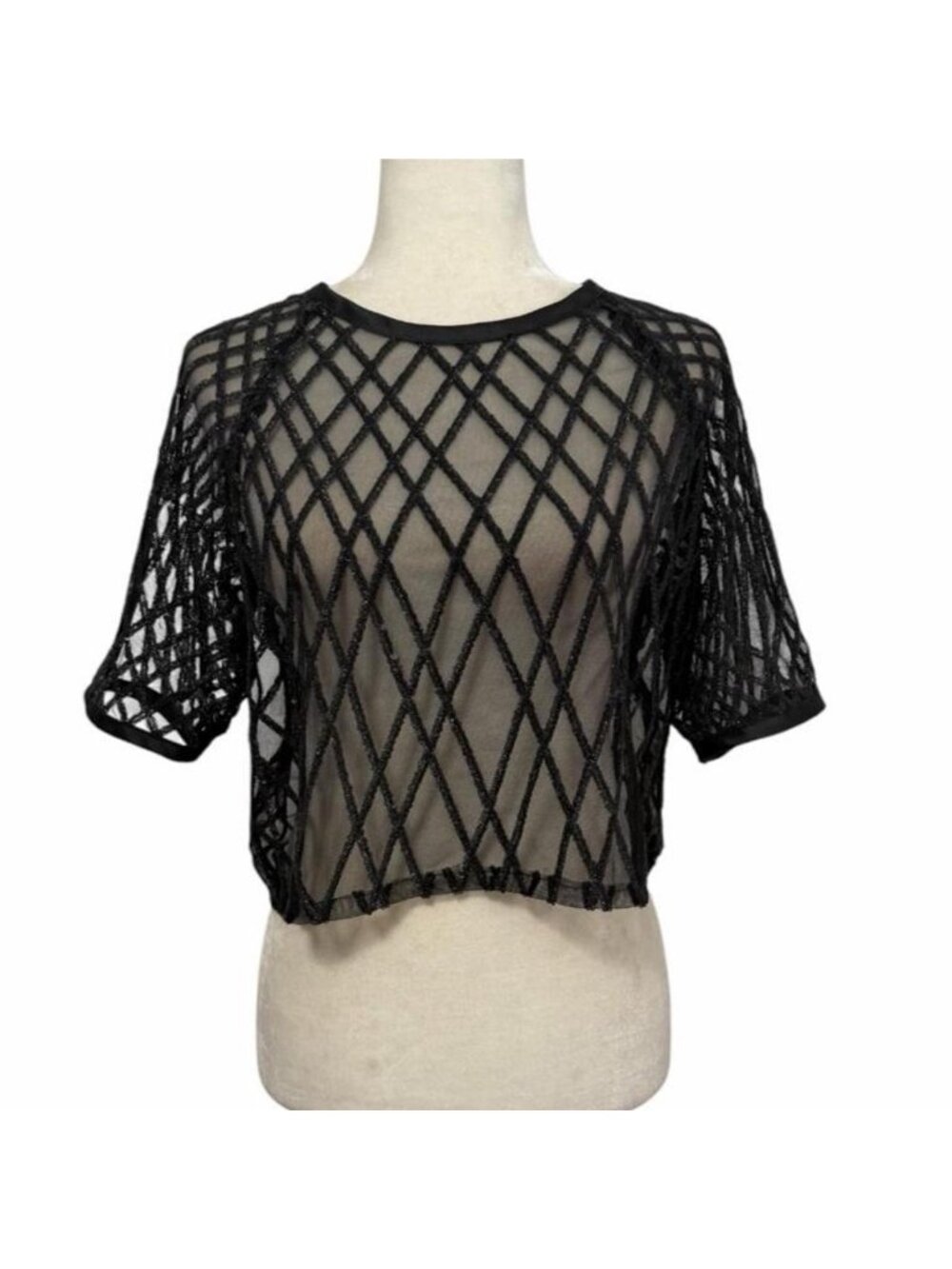 90s Y2K Made in USA Black Sheer Sequin Diamond Grid Pattern Mesh Net Crop Top